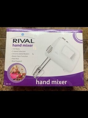 Rival 5-speed hand mixer in white. Model HM-743. 150 Watts Power.